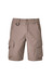 Curved cargo shorts in a light beige colour, featuring multiple pockets and a branding logo.