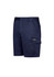 Navy blue men's shorts featuring pockets and a logo, designed for workwear and comfort.
