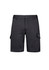 A pair of black work shorts with side pockets and a logo on the side. Suitable for workwear.