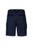 Navy men's shorts featuring cargo pockets and a logo at the waistband, designed for workwear purposes.