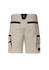 Men's work shorts in light beige with black accents and pockets. Features a branding logo on the back.