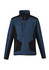 A unisex half-zip pullover in navy blue with black accents and a logo. Features zip pockets and reinforced knit design.