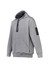A grey unisex hoodie featuring a multi-pocket design and a logo. It has a hood and a front pouch pocket.