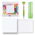 An assortment of colorful jelly beans, a green pen with a character topper, a green lip balm tube, and clear pouches.