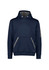 A navy water-resistant hoodie with a front pocket and a logo on the sleeve. Features grey accents.