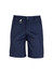 A pair of men's plain utility shorts in navy blue, featuring a belt loop and a logo.