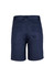 A pair of navy blue men's utility shorts featuring pockets on the back and a tailored fit.