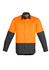A long sleeve work shirt in orange and grey, featuring two front pockets and a branded logo.