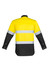 A long sleeve work shirt in yellow and black, featuring reflective hoop tape and a logo.