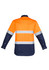 A long sleeve work shirt featuring orange and navy colours with reflective hoop tape. It includes a logo.
