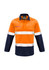FR closed front hooped taped shirt in orange and navy, featuring reflective stripes and a logo. Long sleeves with pockets.