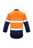 Orange and navy work shirt with hooped white tape, featuring a closed front and long sleeves. Includes a logo.