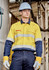 A man in a yellow and navy spliced work shirt with reflective stripes, wearing a hard hat and safety glasses.