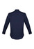 A navy long sleeve shirt with a button-up design and shoulder pockets. The shirt features a logo on one side.