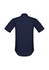 A short sleeve shirt in navy blue featuring a rear yoke and side pockets, with branding on the fabric.