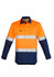 A long sleeve work shirt featuring orange and navy colours with reflective hoop tape and a logo.