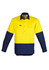 A long sleeve shirt featuring a closed front design, with a bright yellow upper and navy blue lower section. It has two chest pockets and a logo.