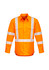 A long sleeve work shirt in bright orange with reflective white stripes and pockets, featuring a logo.