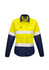 A long sleeve work shirt in bright yellow and navy, featuring reflective tape and a logo on the chest.