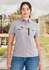 A light grey women's outdoor short sleeve shirt with chest pockets and a zipper pocket, featuring a logo.