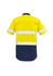 A yellow and navy short sleeve work shirt with reflective tape and a logo. Suitable for high visibility needs.