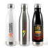 A drink bottle trio featuring a white, a silver, and a black design, each with branding.