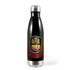 A drink bottle with a sleek black design, silver top, and a logo featuring a crown and lions.