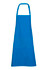 A blue full-bib apron made of 100% cotton canvas, featuring a strap and pocket. Contains a logo.