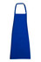 A blue full-bib apron made of 100% cotton canvas with a front pocket and an adjustable neck strap.