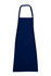 A navy blue full-bib apron made from 100% cotton canvas, featuring a logo and adjustable neck strap.