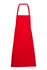 A red full-bib apron made from 100% cotton canvas, featuring an adjustable neck strap and a logo.