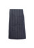 A striped apron in navy blue and white, featuring a full-waist design and a branding logo.