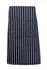 A striped full-waist apron in black and white with a plain design and a logo on it.