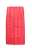 A red striped apron with full waist coverage, featuring vertical white stripes and a simple design.