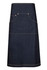 A long denim apron in dark blue with two pockets and contrast stitching. It features a logo on the front.
