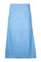 A long waist denim apron in light blue with a front pocket and brass studs. Features a simple, elegant design.