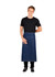 A long waist denim apron in blue with pockets, worn by a smiling man in a black T-shirt and jeans.