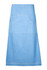 A light blue denim apron with a long design featuring a large front pocket and a logo.
