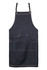 A denim apron in navy blue with pockets and adjustable straps, featuring a logo.