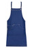 A full body denim apron in dark blue with front pockets and adjustable straps. It features a logo.