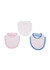 Three baby bibs in white, pink, and blue, featuring contrasting trims and a simple design. Each bib has a logo.
