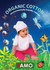 A baby model wearing a light pink bib and hat, surrounded by greenery, cotton plants, and colourful butterflies.