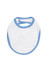 A white baby bib with blue trim, featuring a rounded shape and a neck opening. It has a simple design and a logo.