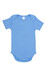 A baby short sleeve romper in light blue, featuring snap closures at the bottom and a soft fabric.