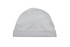 A white baby cap with a folded cuff, featuring a smooth texture and simple design. It has a logo on the side.