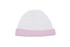 A white baby cap with a soft pink band at the bottom and a seam running down the centre.