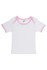 A white baby short sleeve tee with pink trim, featuring a tag inside and no visible branding.