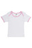 A white baby short sleeve tee with pink trim, featuring a tag inside and no visible branding.