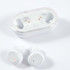 White wireless earbuds with a charging case, featuring a clear top and a built-in logo.
