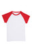 A white raglan T-shirt with red sleeves, featuring a plain design and a small logo on the tag.